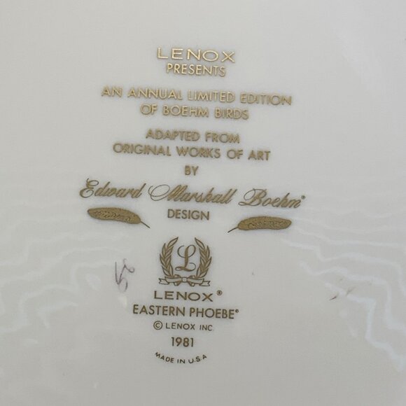 2 Lenox Porcelain Collector Plates Boehm Birds 1976 Cardinal 1981 Eastern Phoebe - Picture 9 of 9